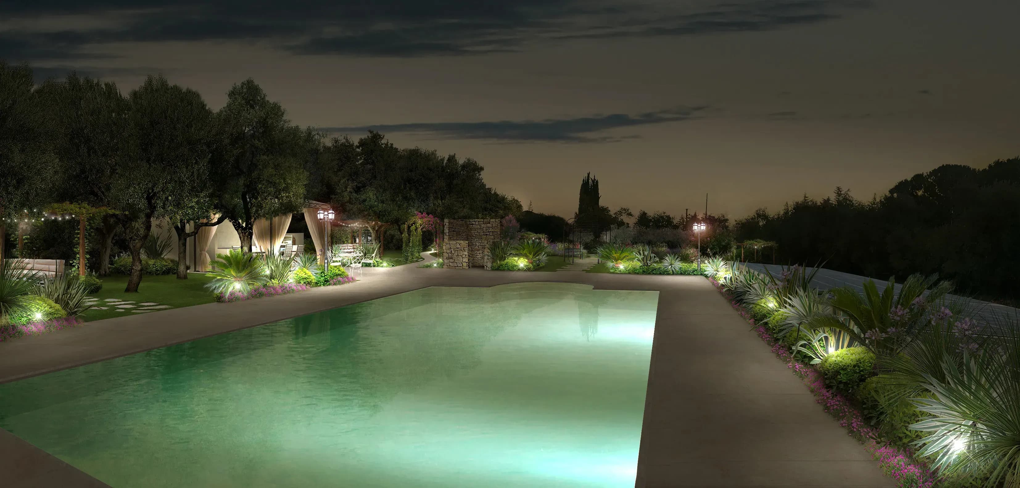 giardino business con illuminazione piscina