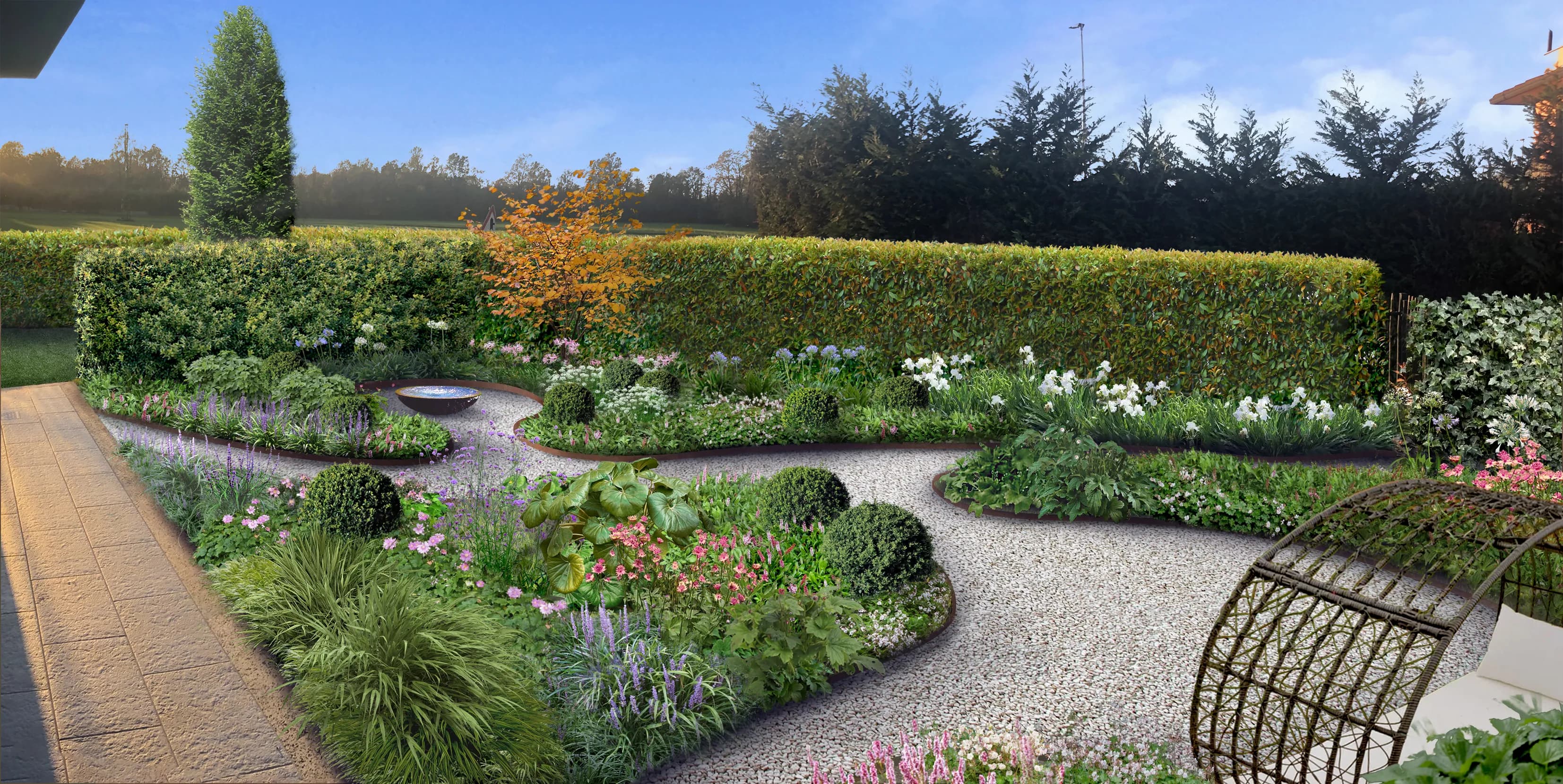 Giardino segreto con percorsi sinuosi di ghiaia, aiuole rialzate con erbacee perenni e una fontana in corten