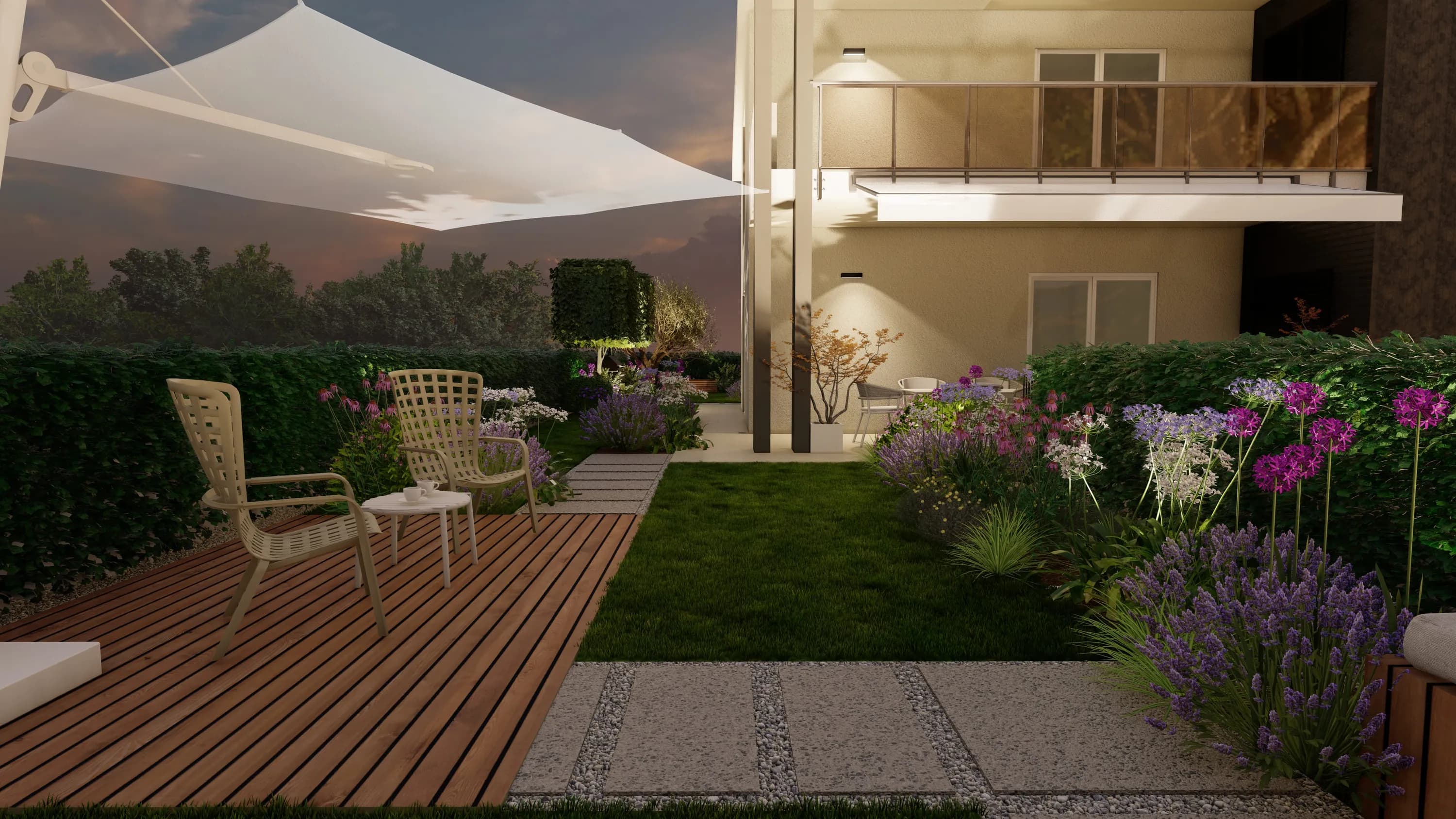 progettazione giardino residenziale, ombrellone, pavimentazione in legno, pavimentazione in ghiaia, illuminazione