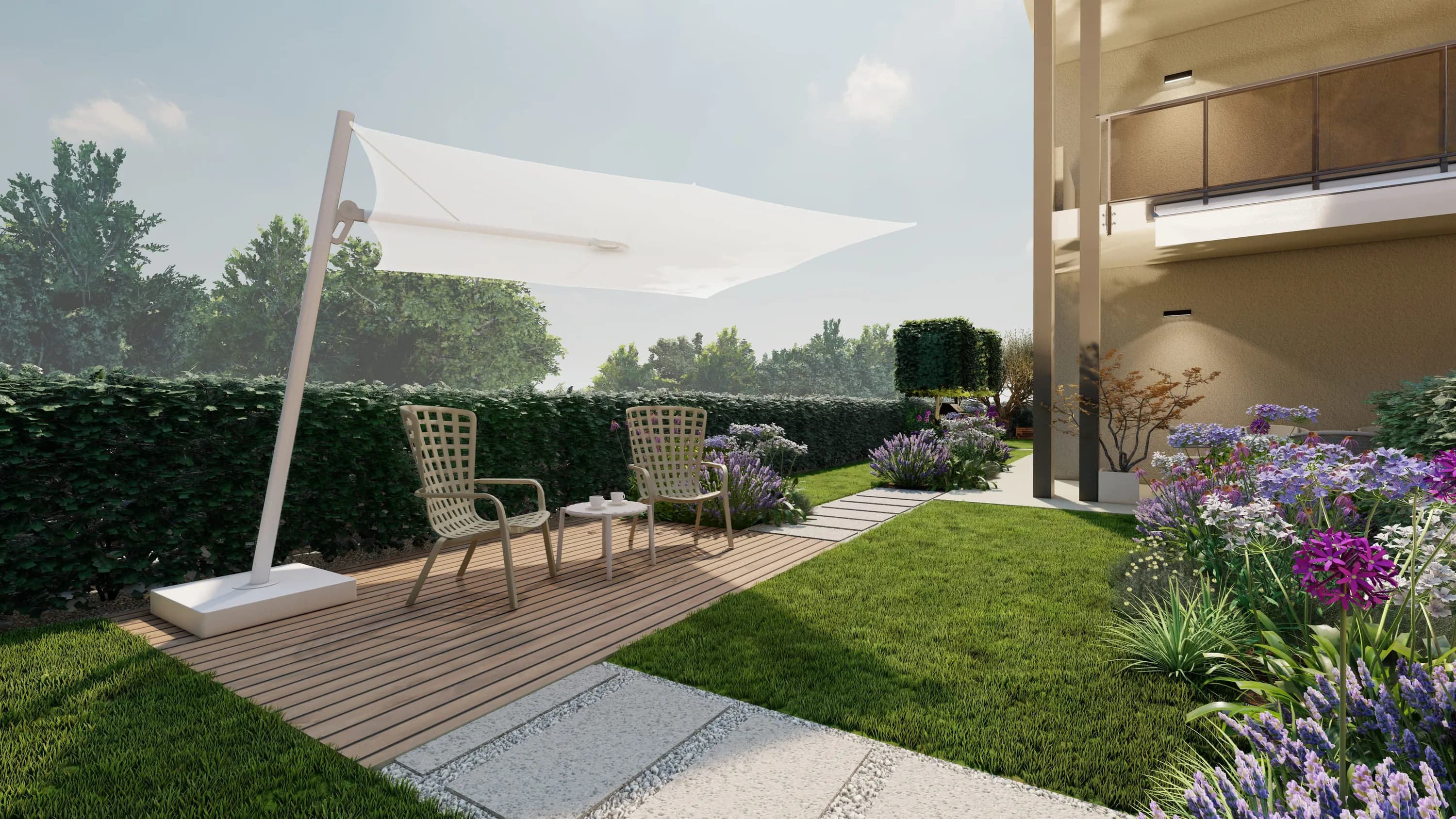 progettazione giardino residenziale, ombrellone, pavimentazione in legno, pavimentazione in ghiaia