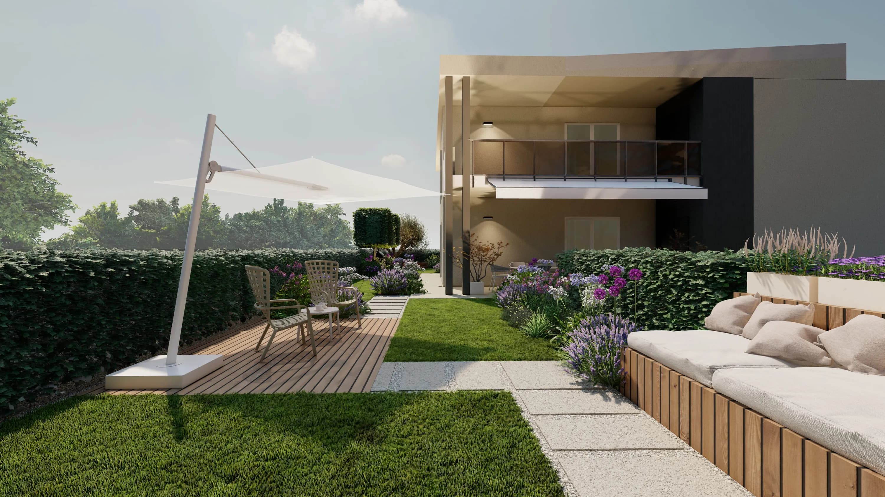 progettazione giardino residenziale, ombrellone, pavimentazione in legno, pavimentazione in ghiaia, panca in legno