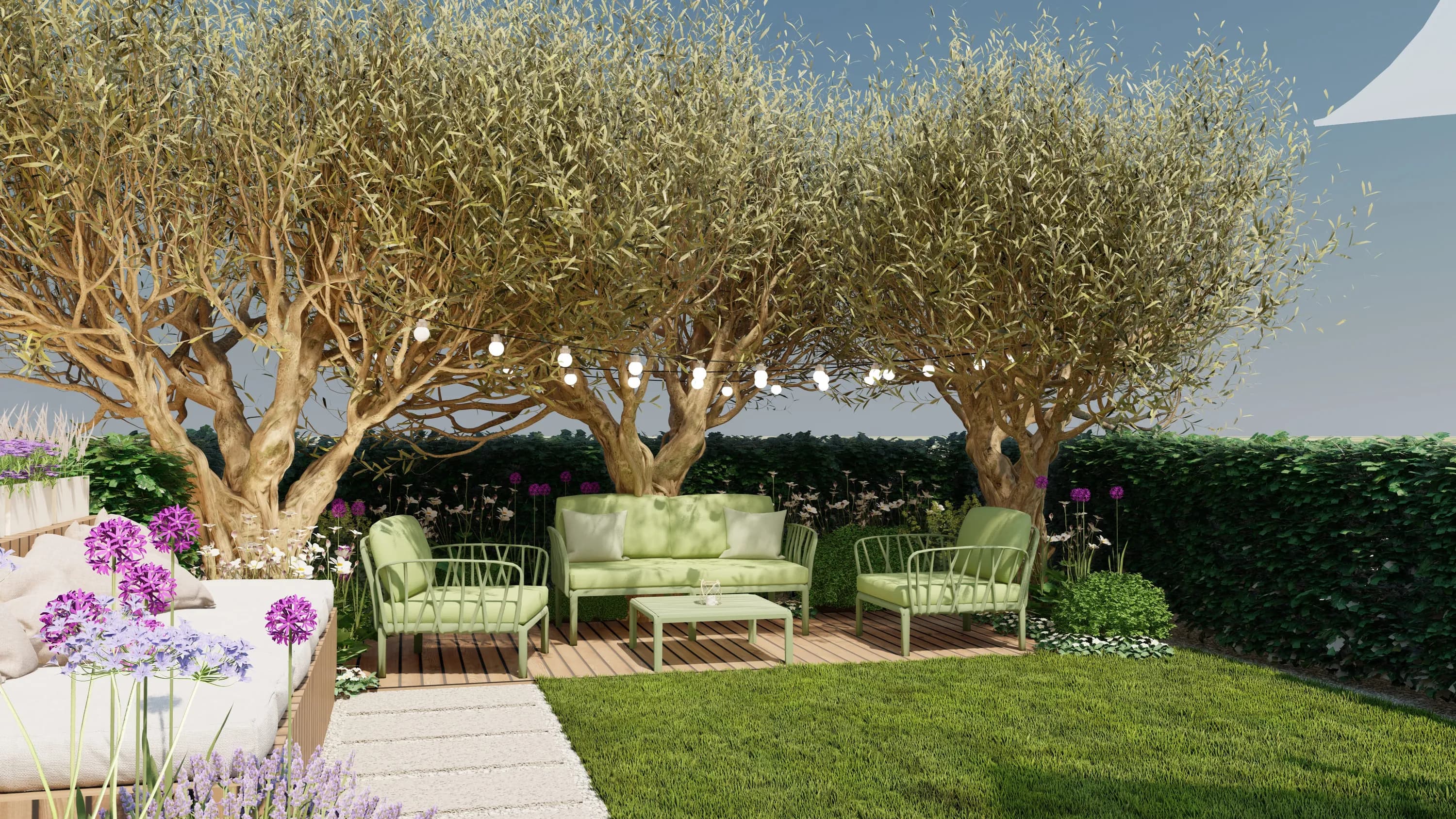 salotto in giardino, divano, ulivi, illuminazione sospesa, pavimentazione in legno