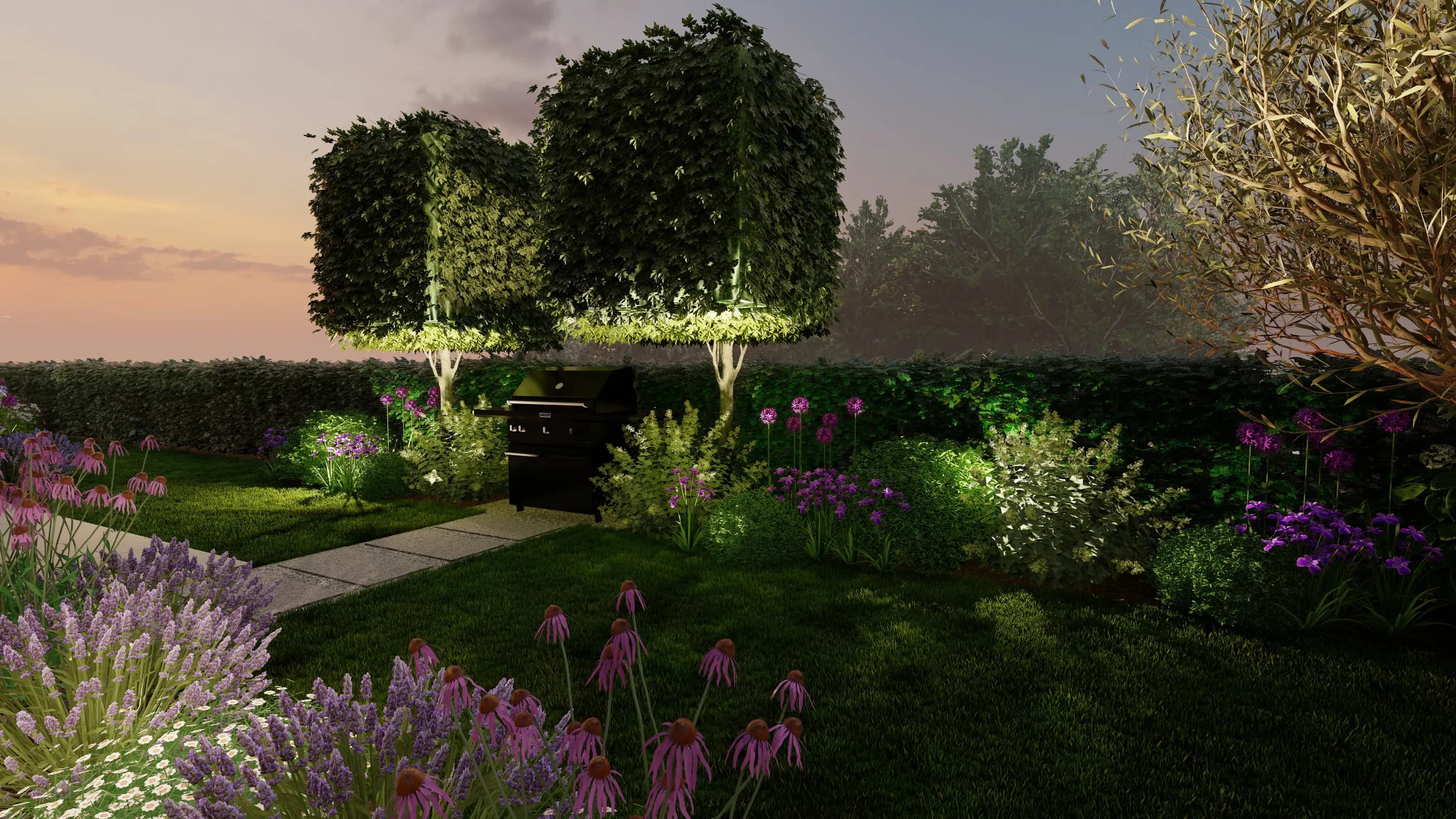 giardino residenziale, barbecue, echinacea, allium, carpini topiati, illuminazione