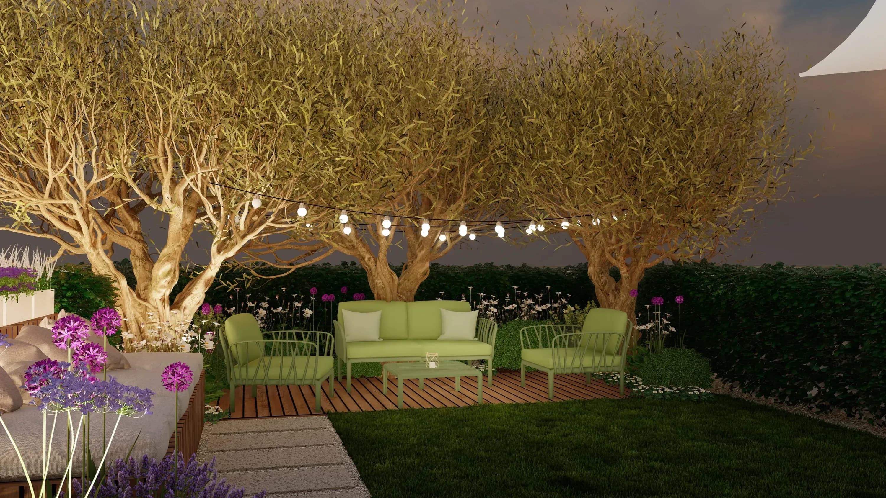 salotto, illuminazione, pavimentazione in legno, ulivi