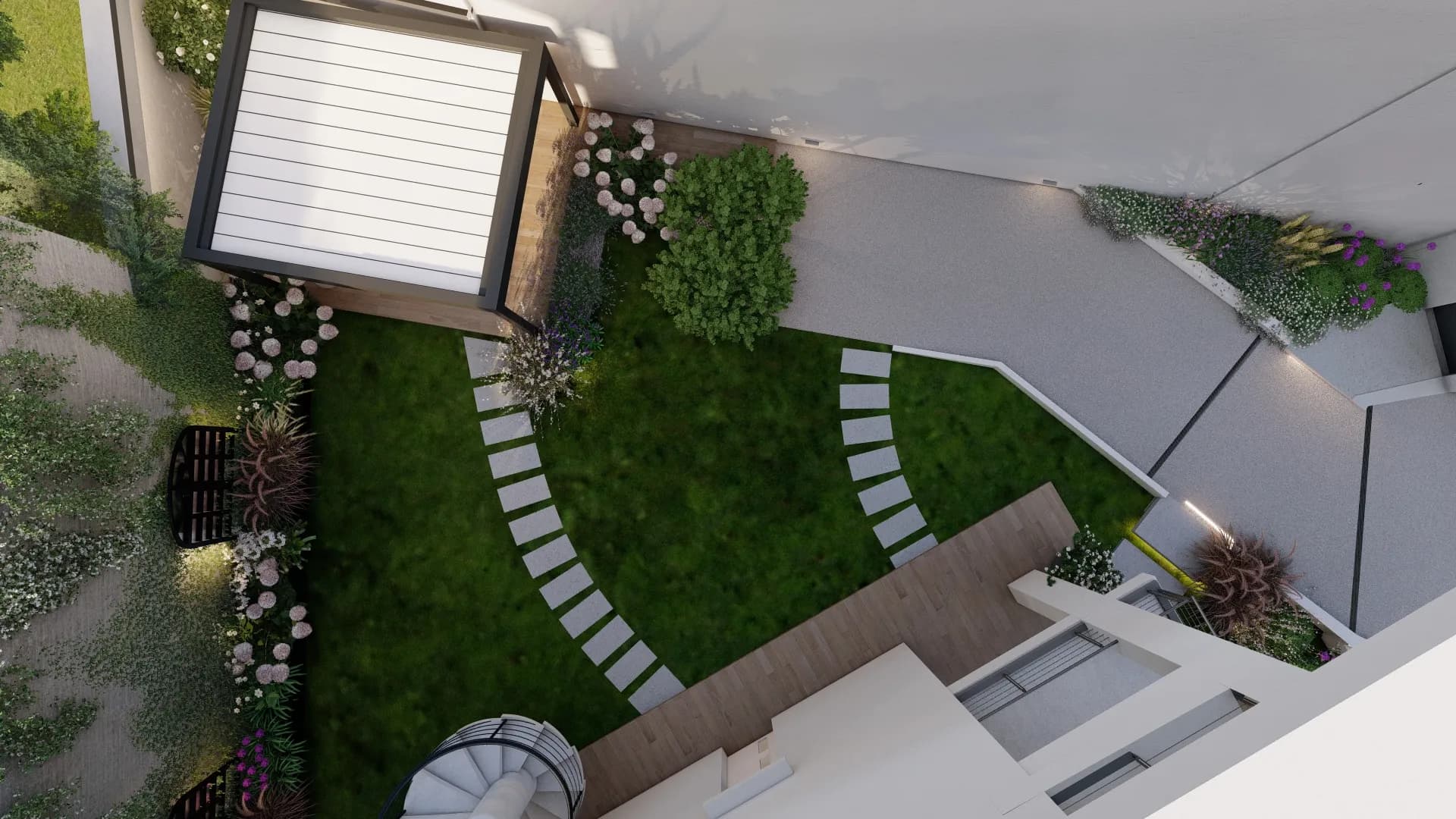 Pavimentazione carrabile, pergola, pavimentazione affogata nel prato, giardino, aiuole, vasche in metallo