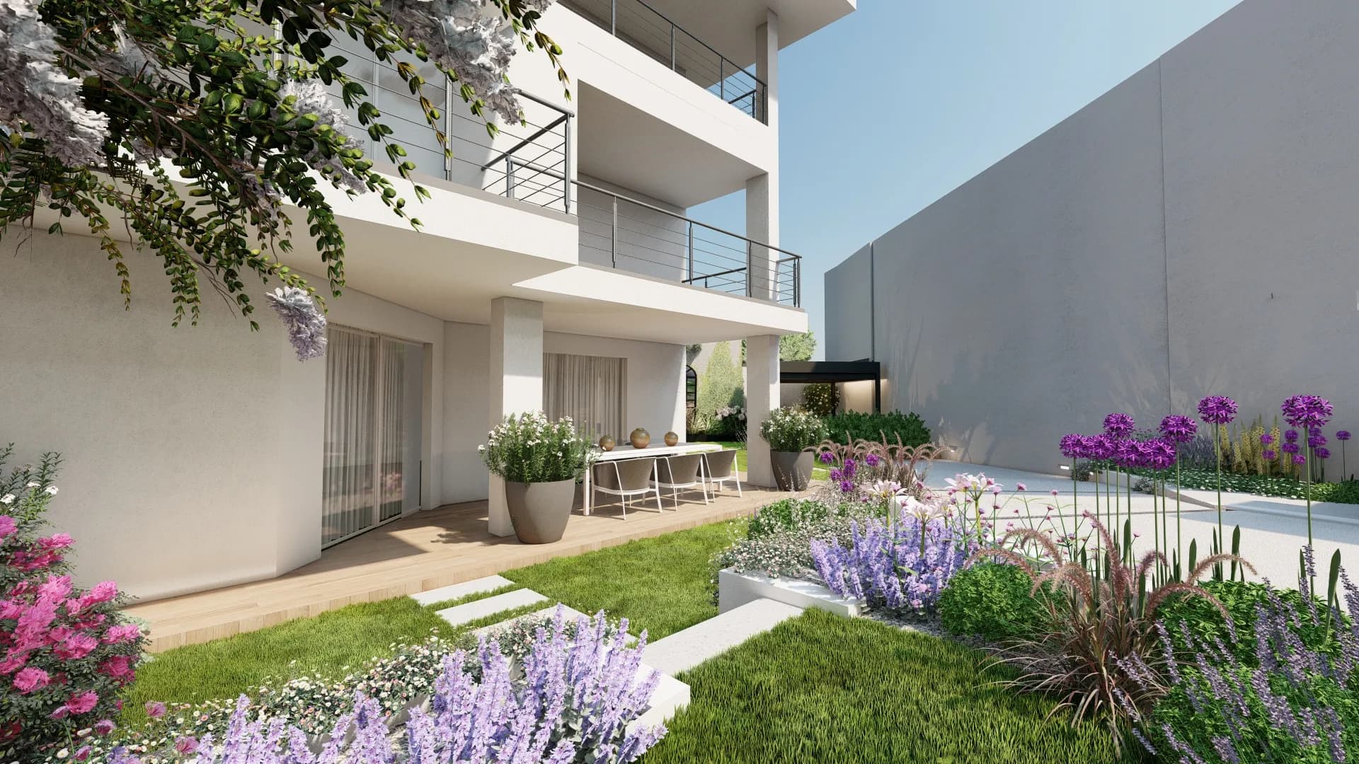 Vasi, tavolo da pranzo, terrazzamento, pavimentazione affogata nel prato