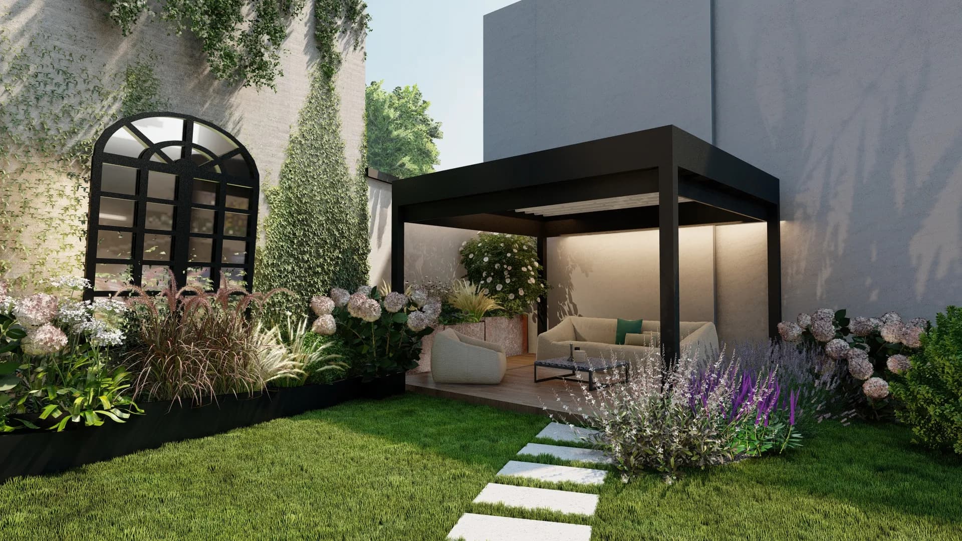 Pergola bioclimatica, specchi armati in giardino, living Paola Lenti, pavimentazione WPC Decò