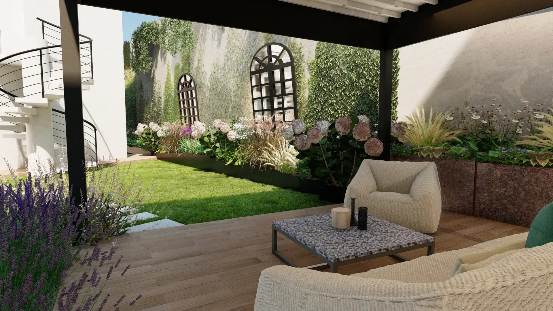 Pergola bioclimatica, living Paola Lenti, Specchi, ortensie, vasche in metallo