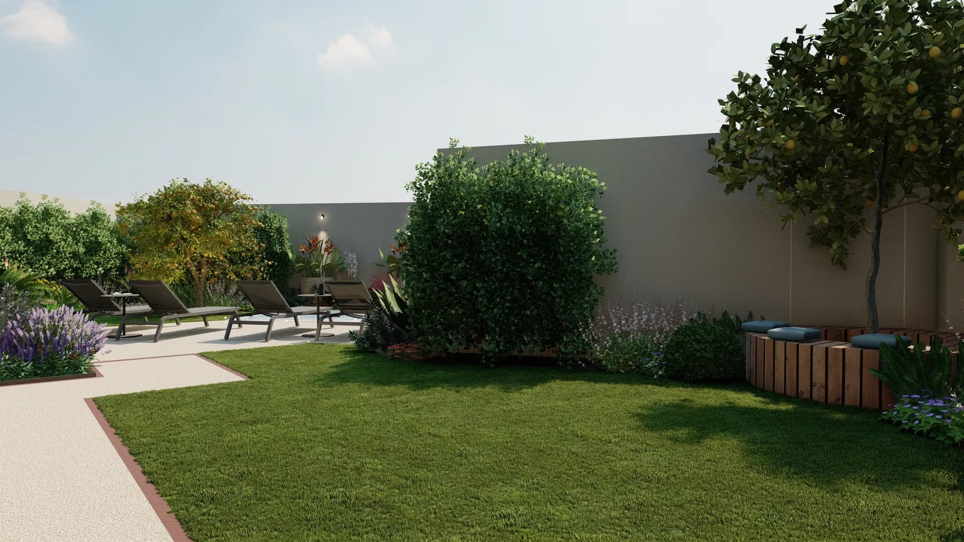 panca in legno circolare, siepe mista per mascherare muri, piscina