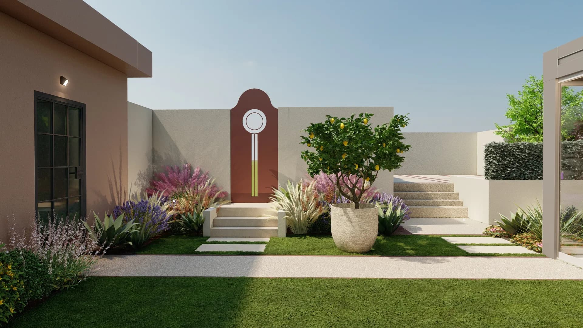 ingresso giardino, cancello in metallo su misura, pavimentazione in ghiaino resinato e grès, vaso Paolelli Garden