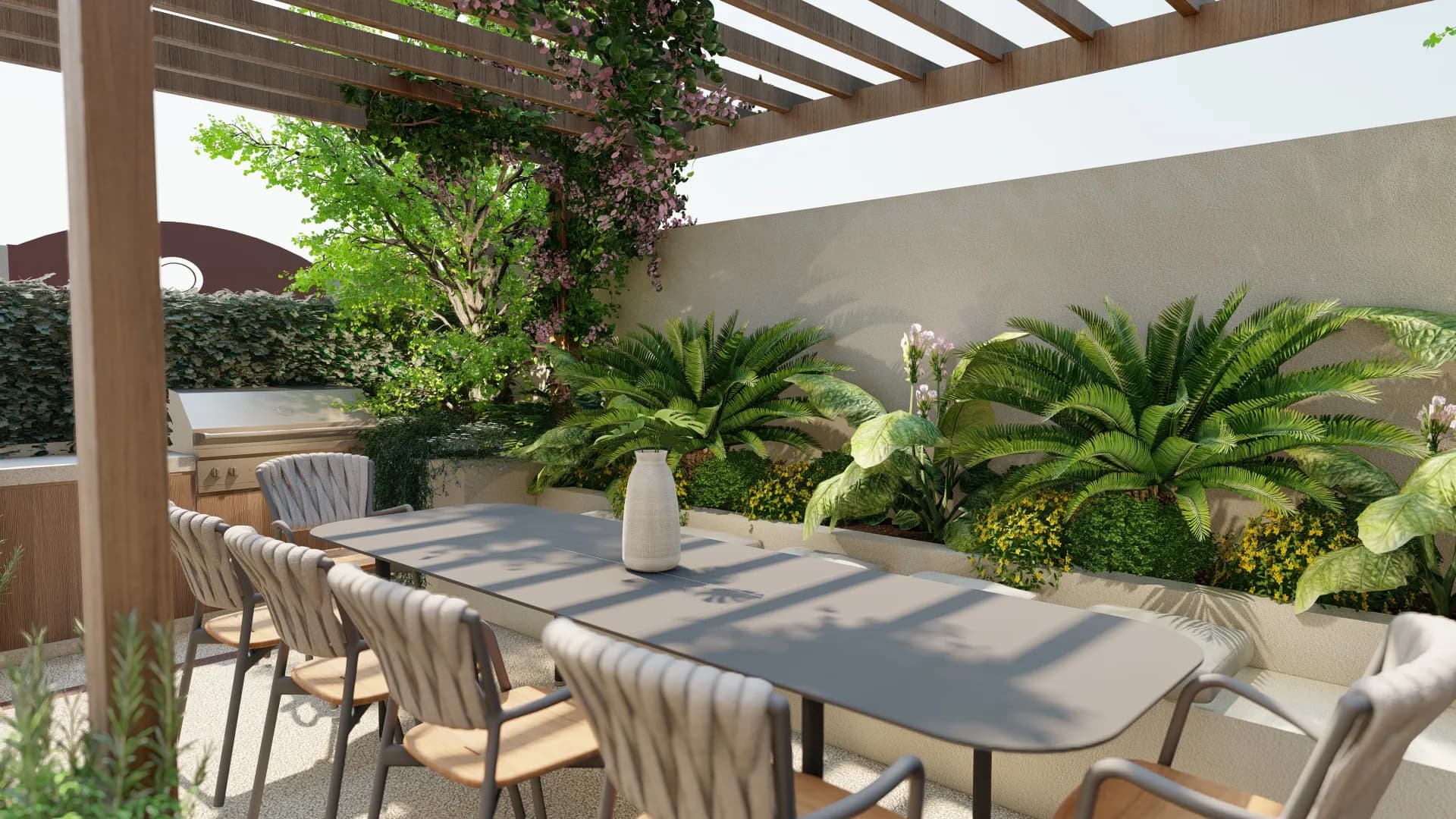 Pergola in legno per creazione area pranzo