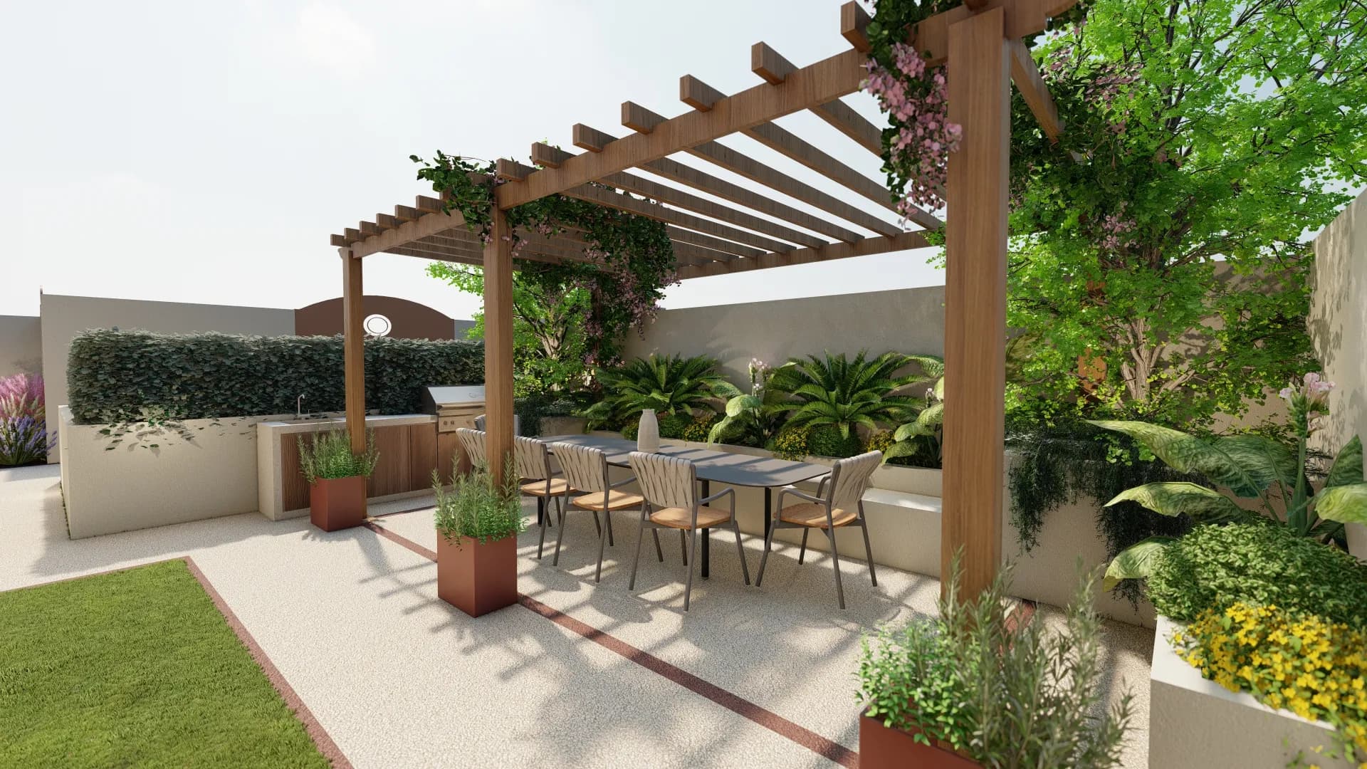 pergola in legno, zona pranzo giardino, vasi su misura, fioriere in metallo