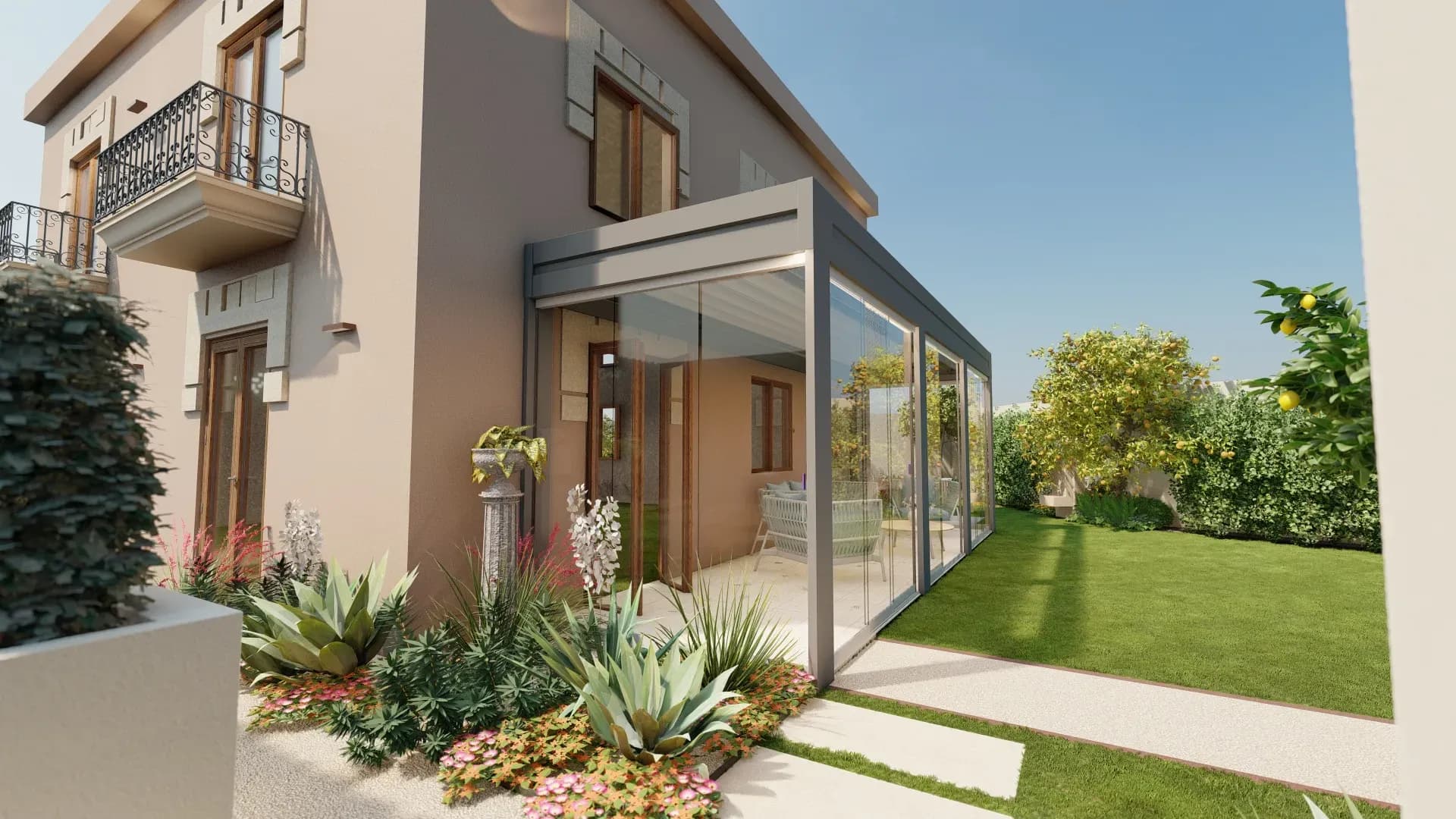 Pergola bioclimatica con tenda retraibile e vetrate scorrevoli per la creazione di una zona living, vegetazione mediterranea con piante grasse