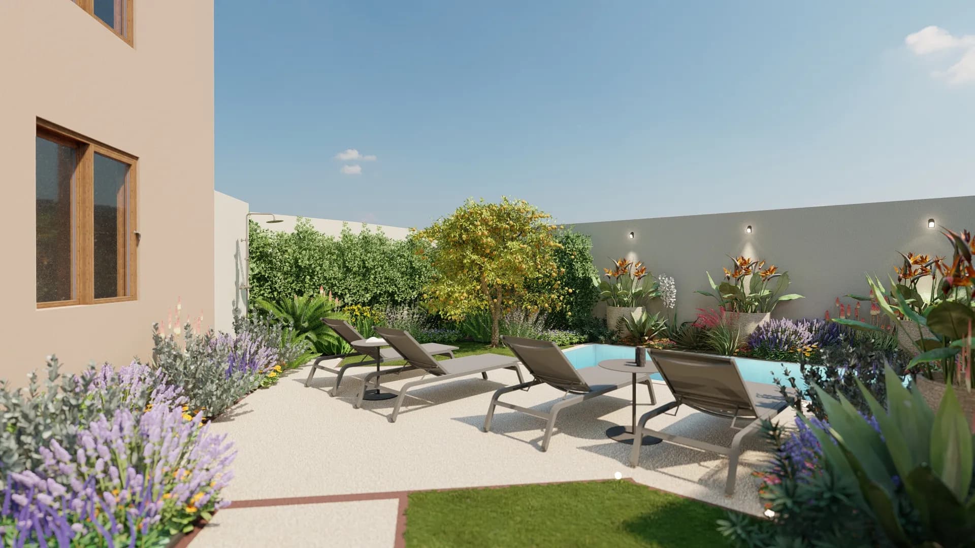 Pavimentazione piscina realizzata in ghiaino resinato, sdraio e tavolini di design,