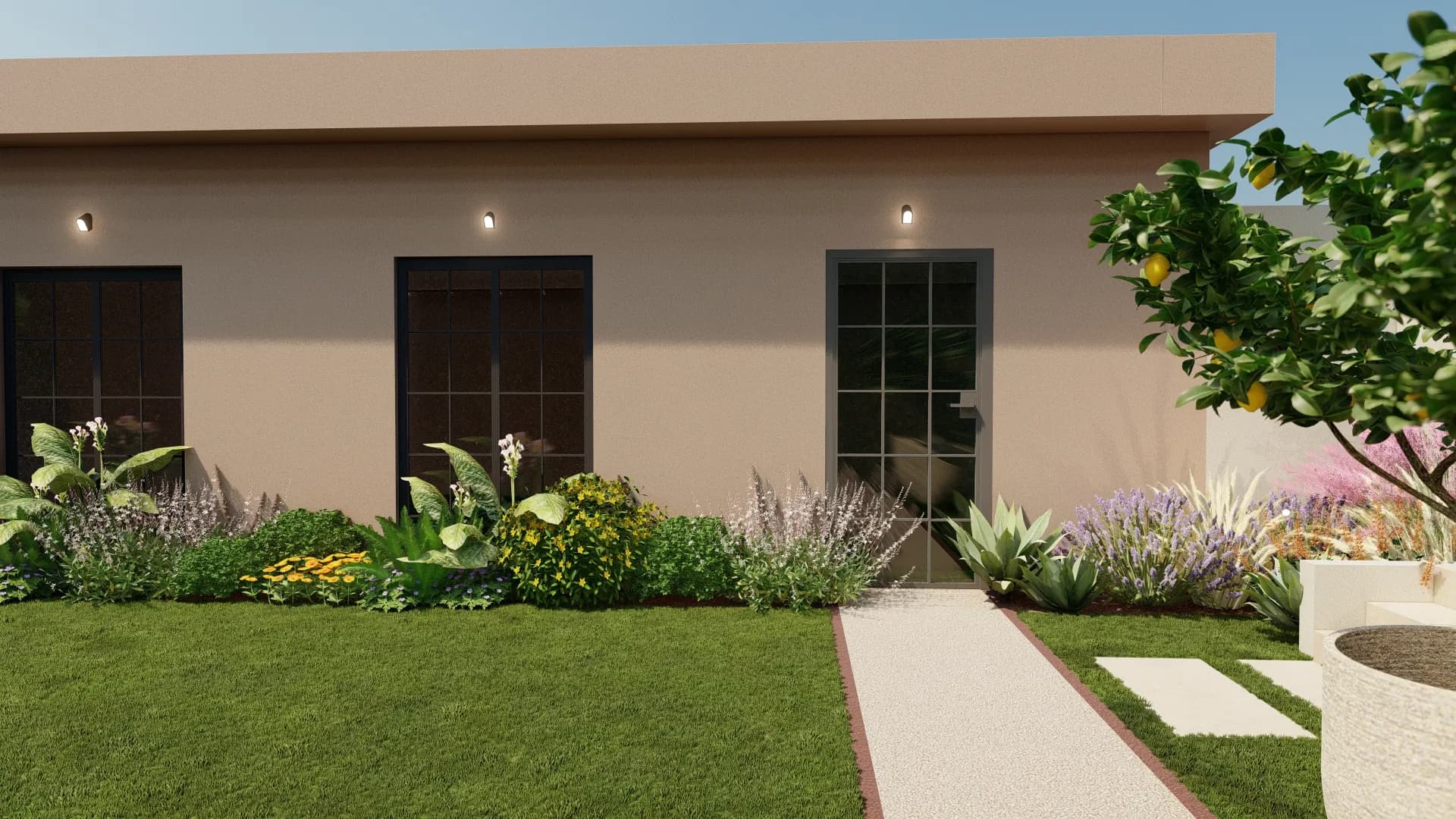 Garage dotato di finestre molto ampie per diminuire l'impatto visivo del muro