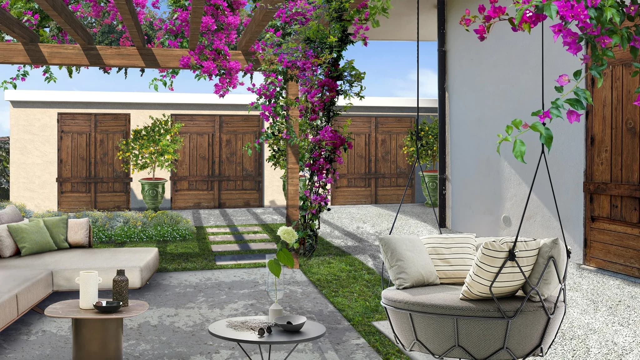 progettazione giardino, pergola in legno, giardino mediterraneo, living, vasi da esterno, pavimentazione giardino, pavimentazione affogata nel prato