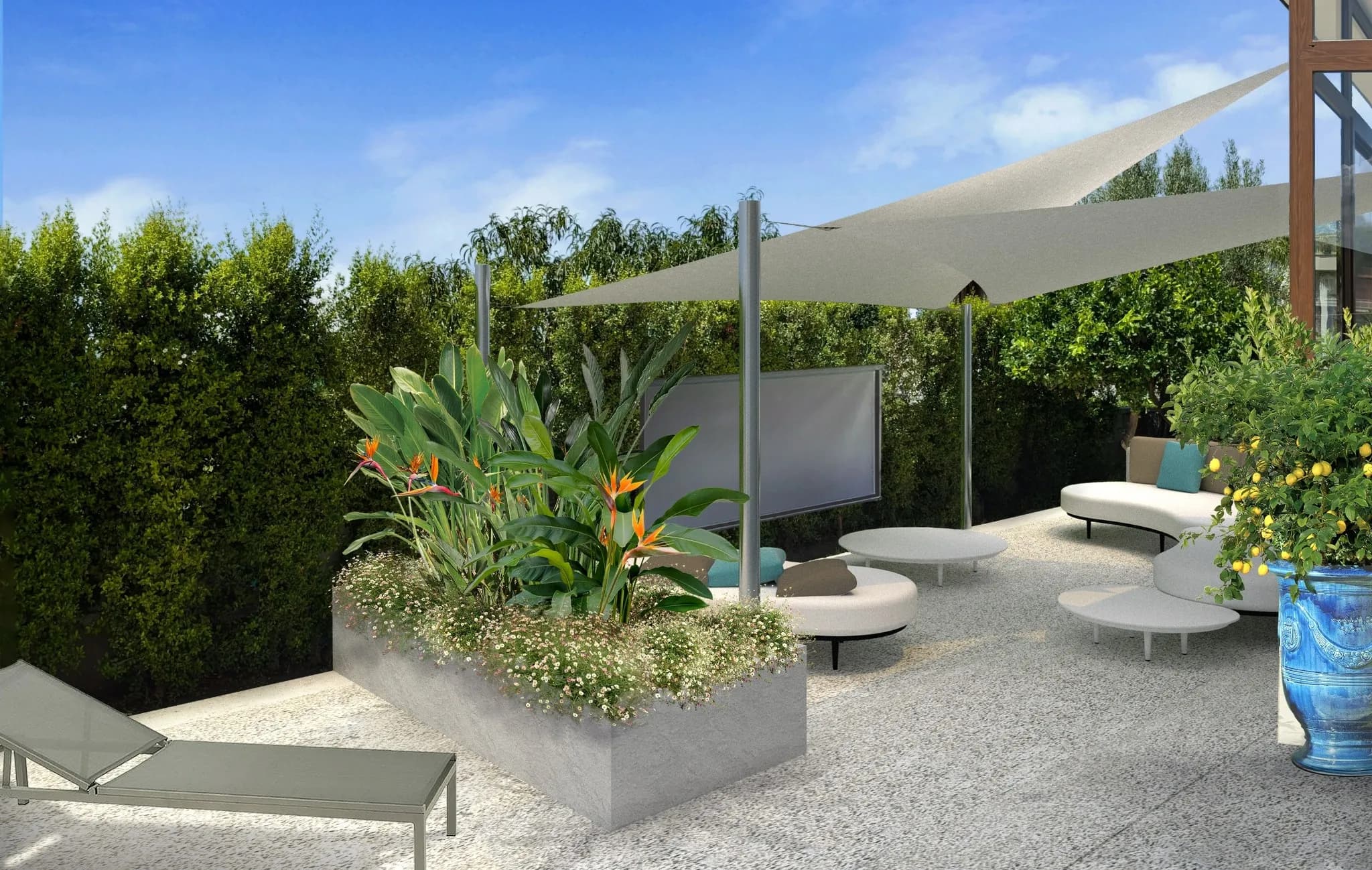 progettazione giardino, area living, proiettore giardino, tenda a vela, fioriera in muratura, ghiaino resinato