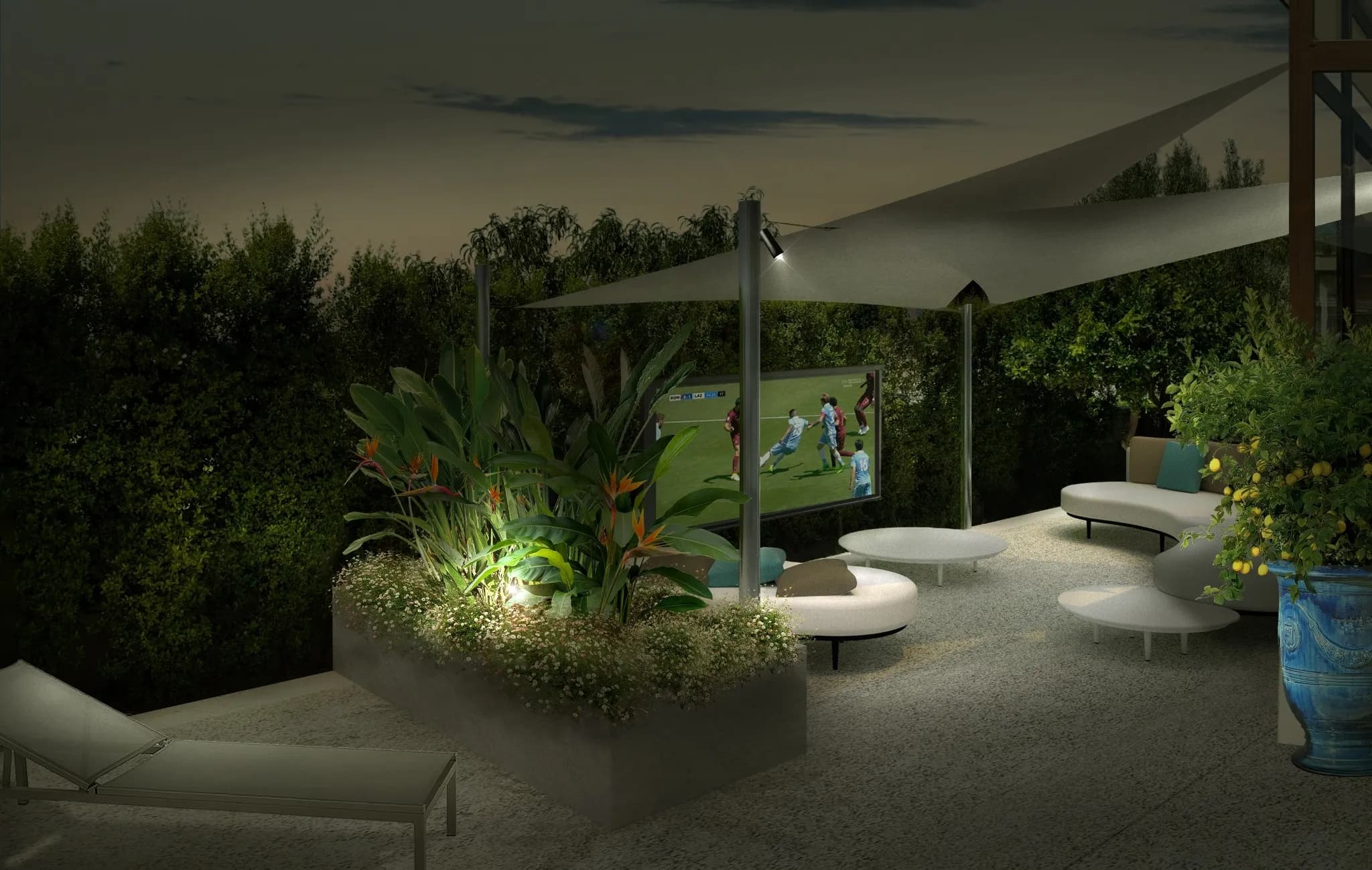 progettazione giardino, area living, proiettore giardino, tenda a vela, fioriera in muratura, ghiaino resinato, illuminazione giardino
