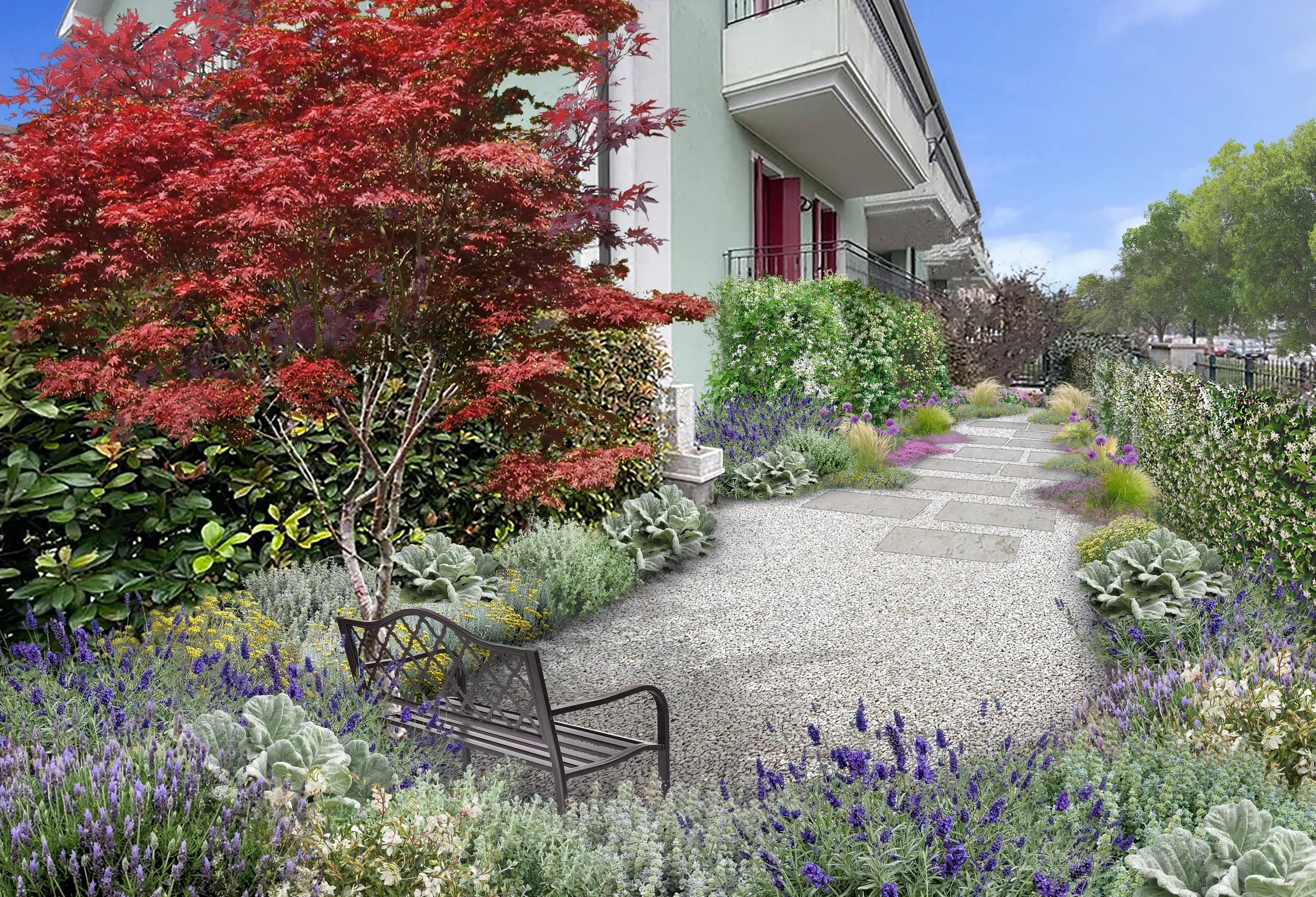 dry garden, pavimentazione in ghiaia, erbacee perenni, panca in metallo, lavanda
