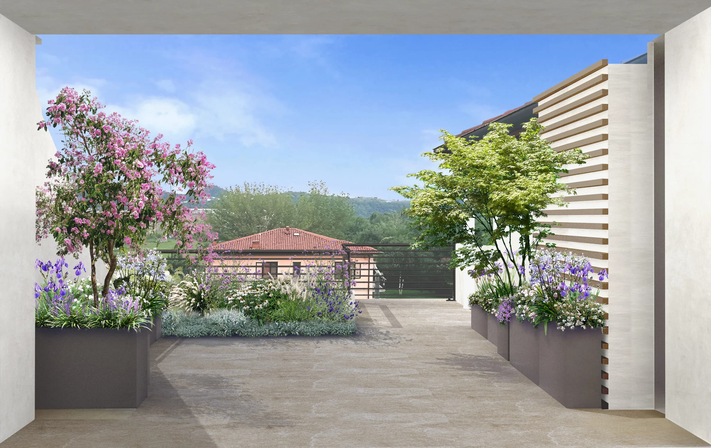 terrazzo, fioriere in metallo, fioriere in resina, poltrone da esterno, vegetazione per fioriere