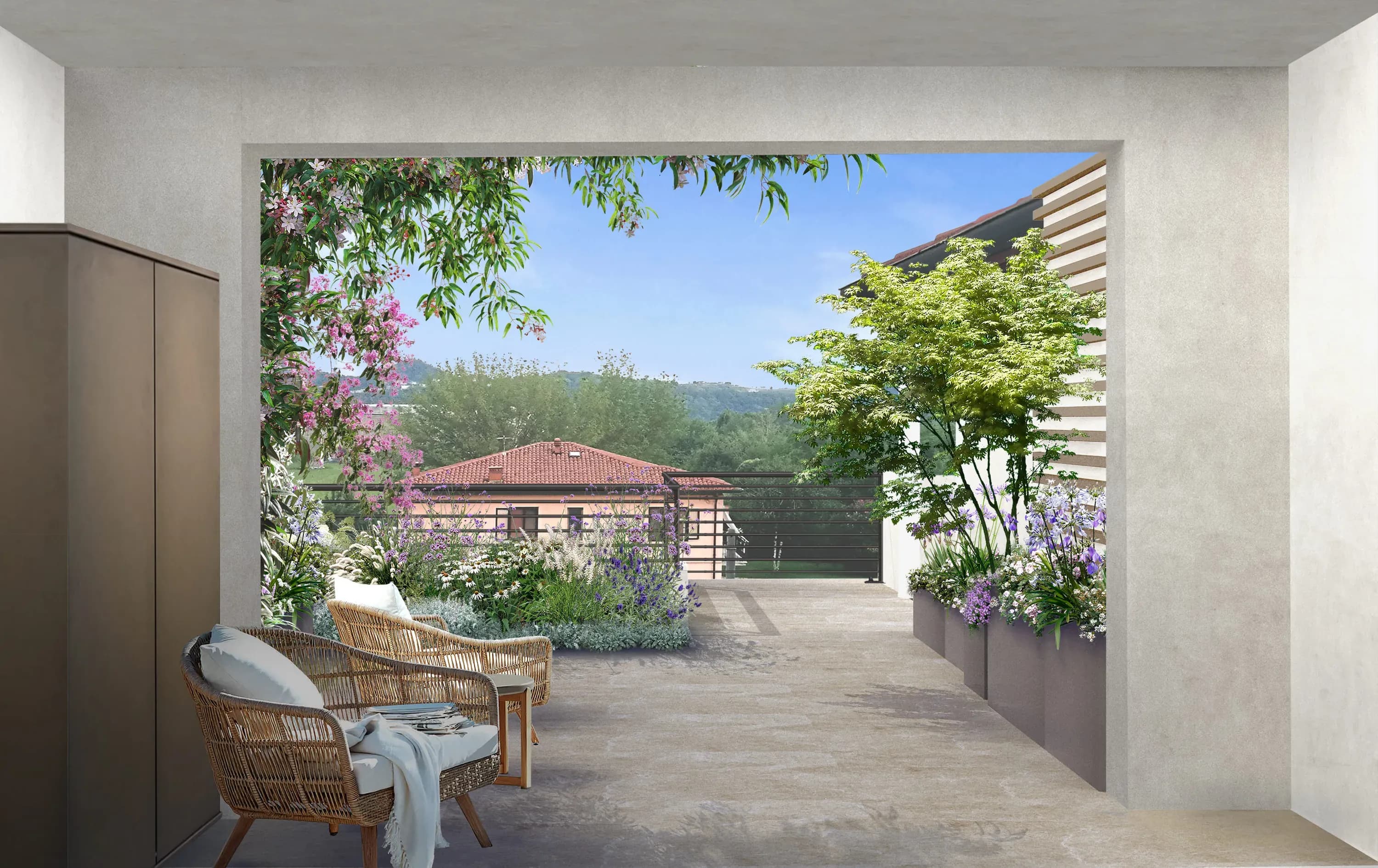 terrazzo, fioriere in metallo, fioriere in resina, poltrone da esterno, vegetazione per fioriere